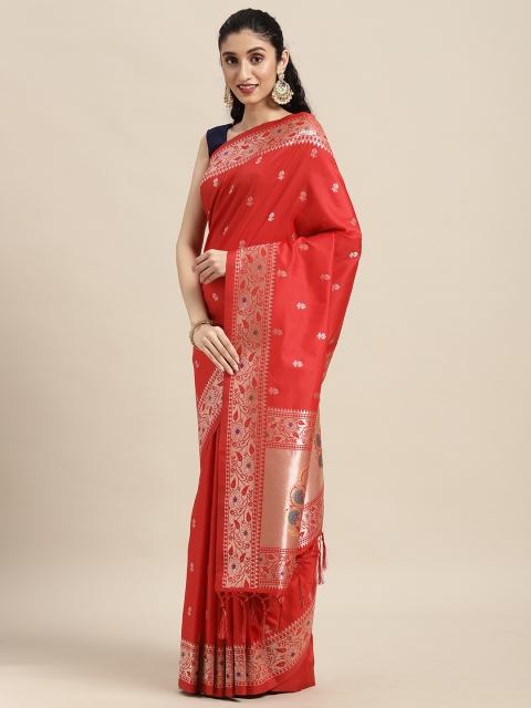 

Mitera Red Floral Zari Silk Blend Banarasi Saree