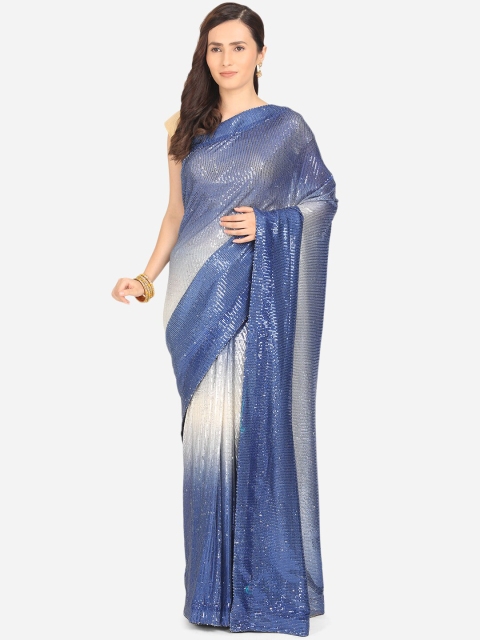 

BOMBAY SELECTIONS Blue & Off-White Embellished Sequinned Net Saree