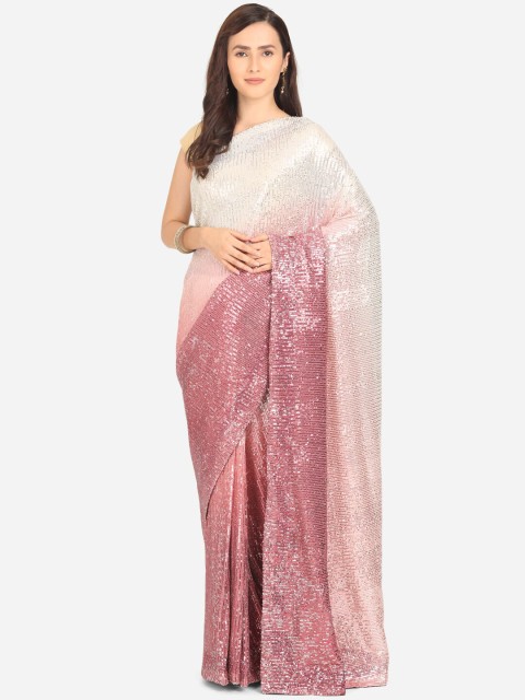 

BOMBAY SELECTIONS Mauve & White Embellished Sequinned Net Saree