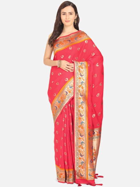 

BOMBAY SELECTIONS Pink & Gold-Toned Ethnic Motifs Zari Art Silk Paithani Saree