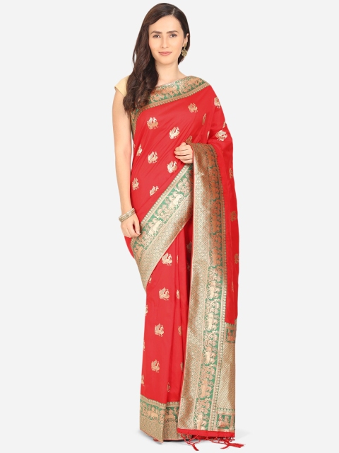 

BOMBAY SELECTIONS Red & Gold-Toned Floral Zari Art Silk Gadwal Saree