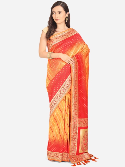 

BOMBAY SELECTIONS Red & Mustard Leheriya Zari Banarasi Art Silk Saree