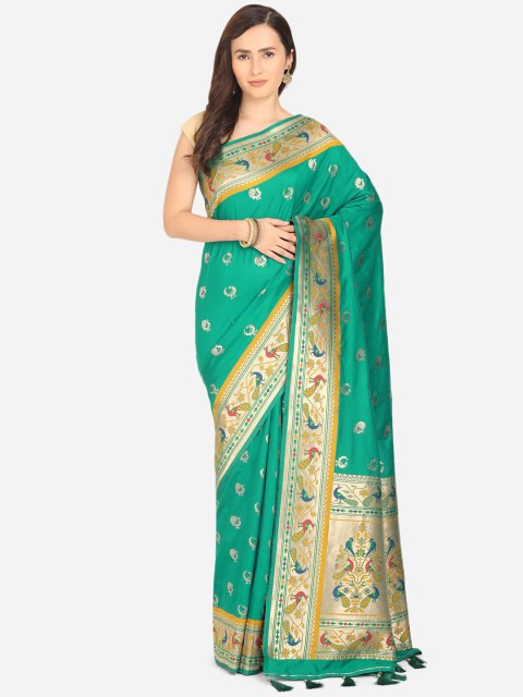 

BOMBAY SELECTIONS Green & Gold-Coloured Ethnic Motifs Zari Art Silk Paithani Saree