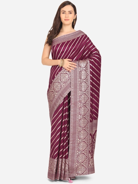 

BOMBAY SELECTIONS Purple & Silver Ethnic Motifs Zari Silk Cotton Banarasi Saree