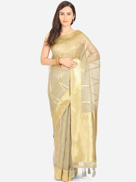 

BOMBAY SELECTIONS Gold-Toned Striped Zari Organza Banarasi Saree