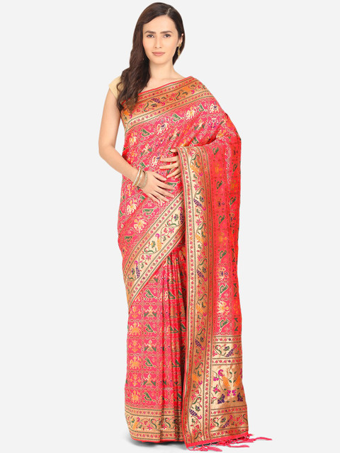 

BOMBAY SELECTIONS Magenta & Green Woven Design Art Silk Patola Saree