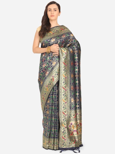 

BOMBAY SELECTIONS Navy Blue & Gold-Toned Woven Design Zari Art Silk Patola Saree