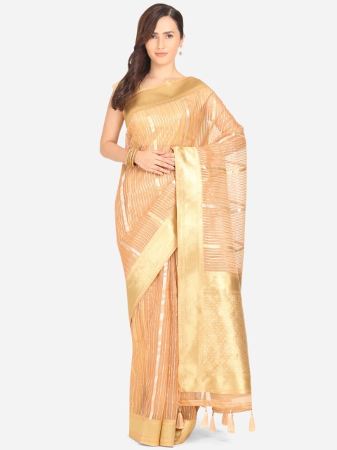 

BOMBAY SELECTIONS Peach-Coloured & Gold-Toned Ethnic Motifs Zari Organza Banarasi Saree