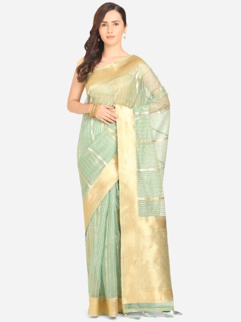 

BOMBAY SELECTIONS Sea Green & Gold-Coloured Striped Zari Organza Banarasi Saree