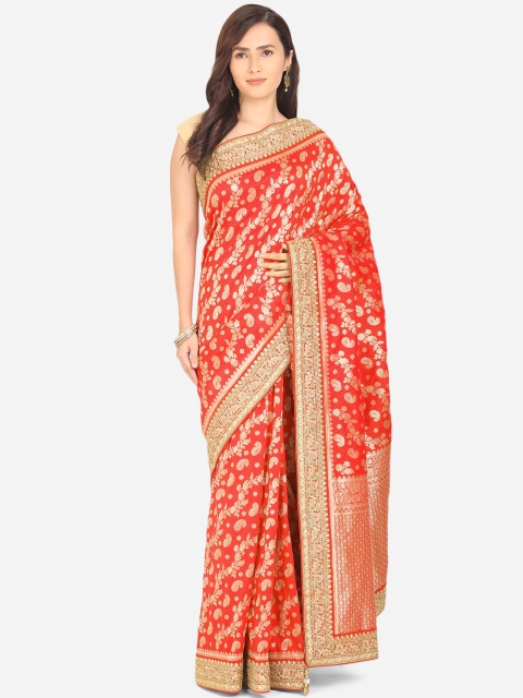 

BOMBAY SELECTIONS Orange & Gold-Toned Ethnic Motifs Zari Art Silk Banarasi Saree