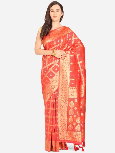 

BOMBAY SELECTIONS Coral & Gold-Toned Floral Zari Art Silk Banarasi Saree