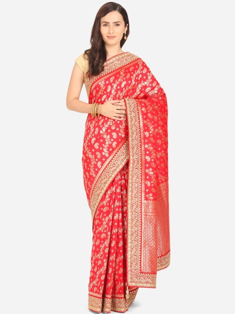 

BOMBAY SELECTIONS Pink & Gold-Toned Woven Design Zari Art Silk Banarasi Saree