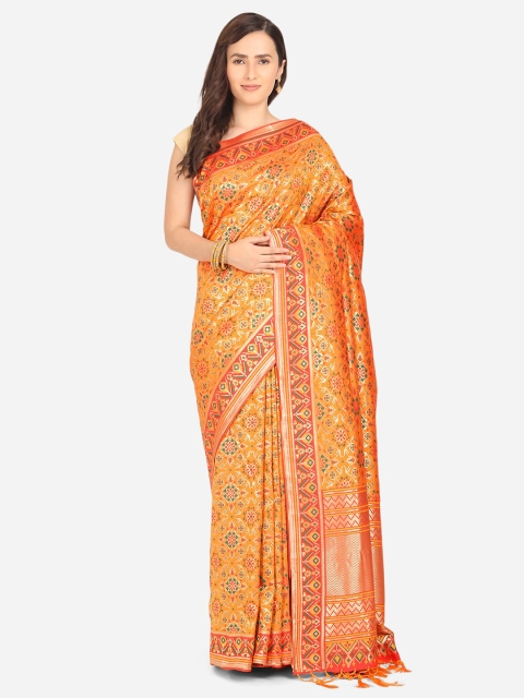 

BOMBAY SELECTIONS Mustard & Red Ethnic Motifs Zari Art Silk Patola Saree