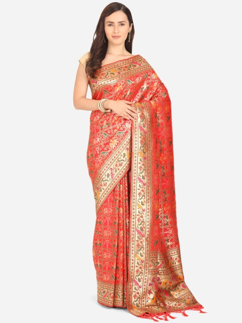 

BOMBAY SELECTIONS Red & Green Woven Design Zari Art Silk Patola Saree