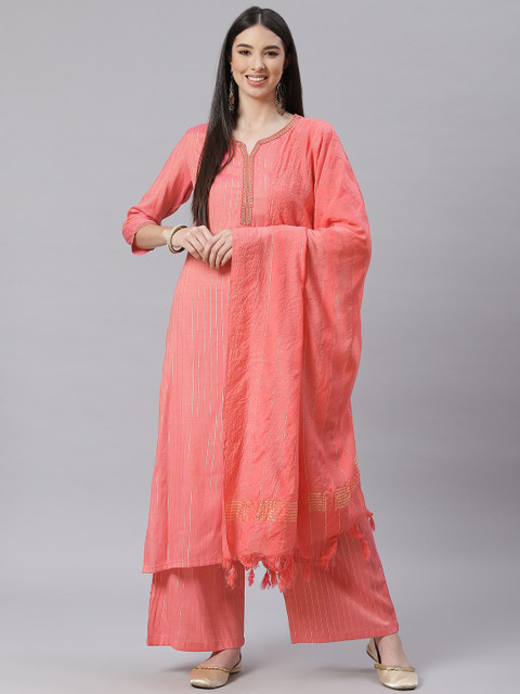 

Tulsattva Women Peach-Coloured & Golden Striped Thread Work Kurta with Palazzos & Dupatta