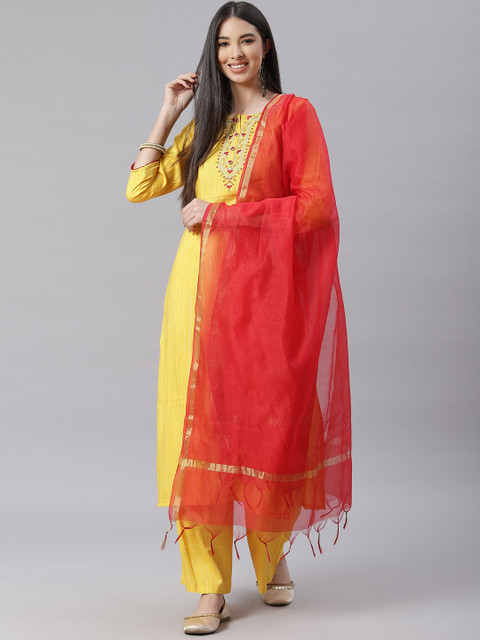 

Tulsattva Women Yellow & Coral Orange Striped Thread Work Kurta with Palazzos & Dupatta