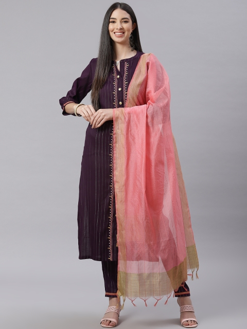

Tulsattva Women Purple & Pink Striped Thread Work Detail Kurta with Trousers & Dupatta
