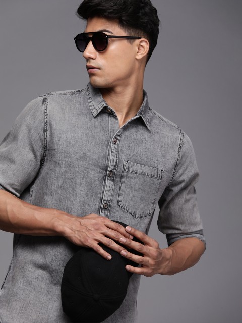 

WROGN Men Grey Faded Slim Fit Long Sleeves Casual Shirt