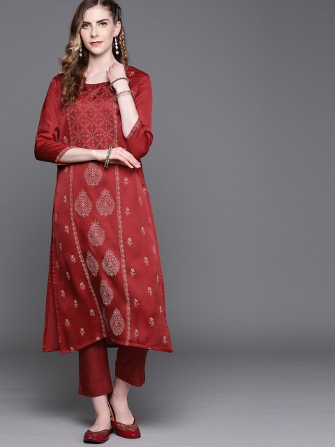

Inddus Women Maroon Ethnic Motifs Printed Regular Kurta with Pants