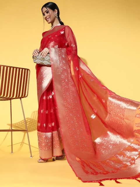 

Inddus Women Red Organza Zari Woven Saree
