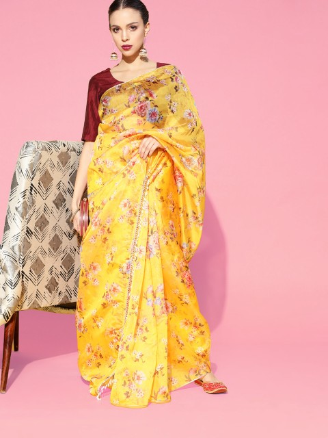 

Inddus Yellow Floral Print Organza Saree