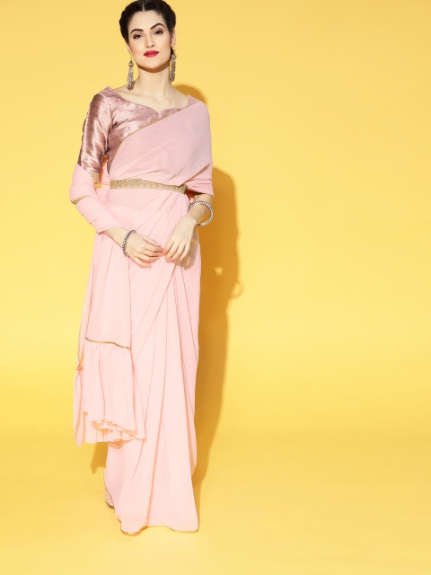 

Inddus Baby Pink Solid Saree with Embellished Belt & Brocade Blouse Piece