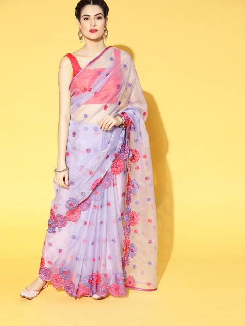 

Inddus Lilac Organza Floral Embroidered Saree, Purple