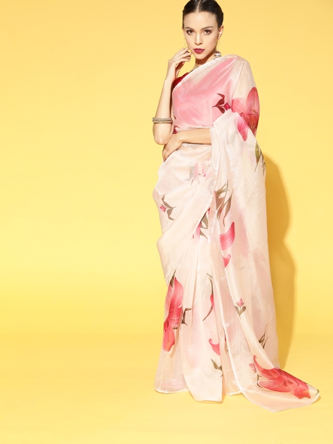 

Inddus Organza Floral Print Saree, Pink
