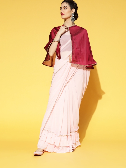 

Inddus Striped Ruffled Saree with Embellished border, Pink
