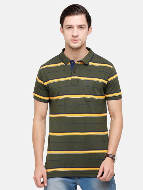 

Classic Polo Men Olive Green Striped Polo Collar Slim Fit T-shirt