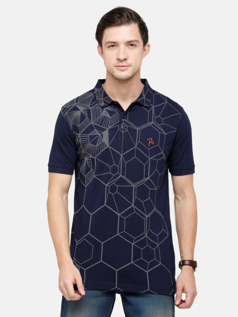 

Classic Polo Men Navy Blue Printed Polo Collar Raw Edge Slim Fit T-shirt