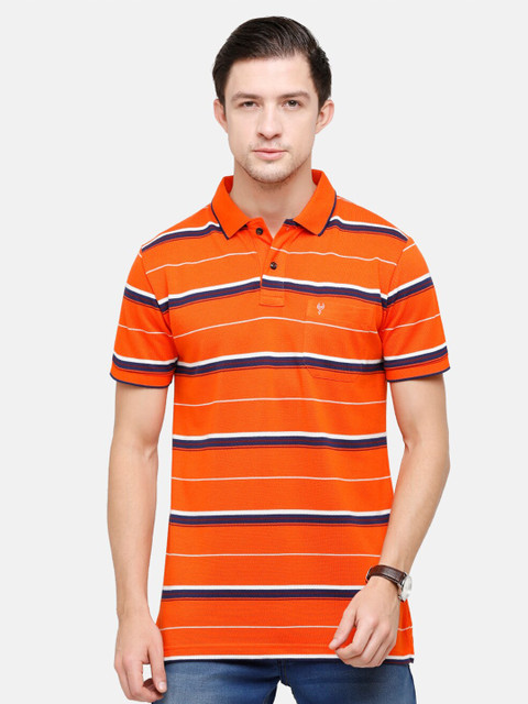 

Classic Polo Men Orange & Navy Blue Striped Polo Collar Slim Fit Pure Cotton T-shirt