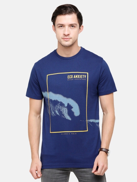 

Classic Polo Men Navy Blue & Yellow Printed Slim Fit Pure Cotton T-shirt