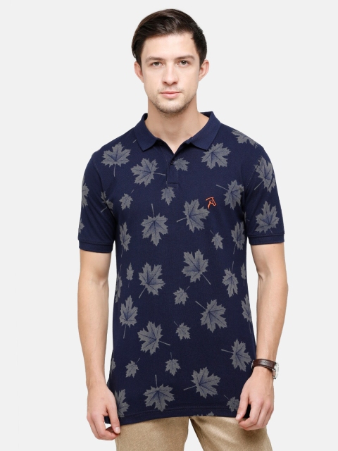 

Classic Polo Men Navy Blue & Grey Printed Polo Collar Slim Fit Pure Cotton T-shirt