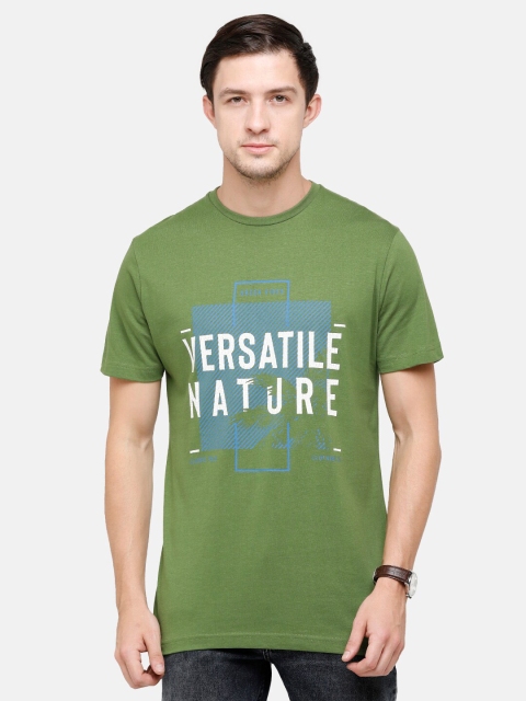 

Classic Polo Men Olive Green & Blue Typography Printed Slim Fit Pure Cotton T-shirt