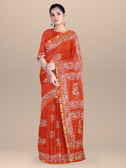 

BharatSthali Orange & White Batik Zari Silk Cotton Venkatgiri Saree