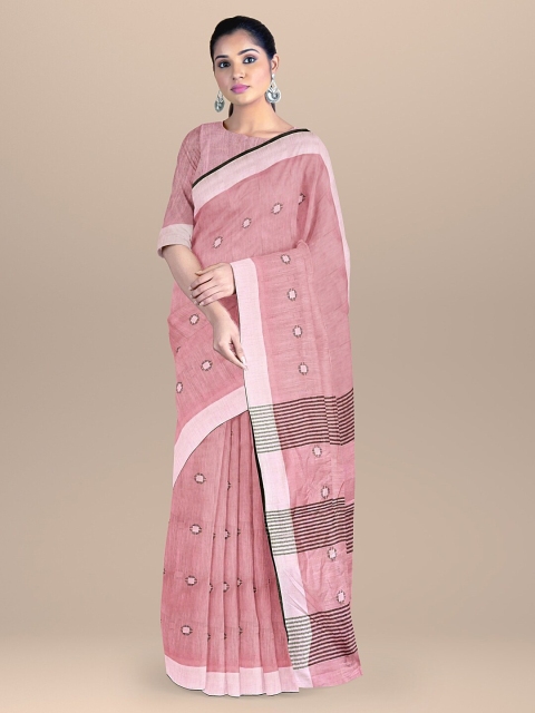 

BharatSthali Pink & Black Woven Design Pure Cotton Taant Saree