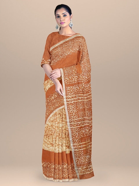 

BharatSthali Orange & Beige Batik Zari Silk Cotton Venkatgiri Saree