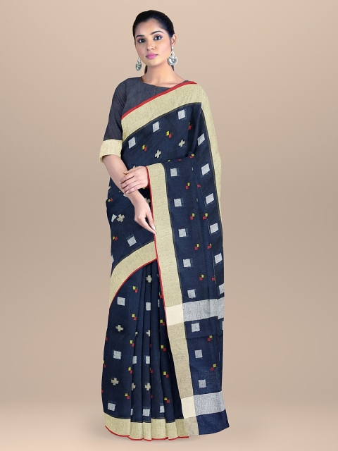 

BharatSthali Navy Blue & Red Zari Pure Linen Mangalagiri Saree