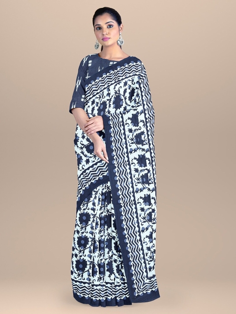 

BharatSthali Blue & White Printed Pure Cotton Block Print Saree