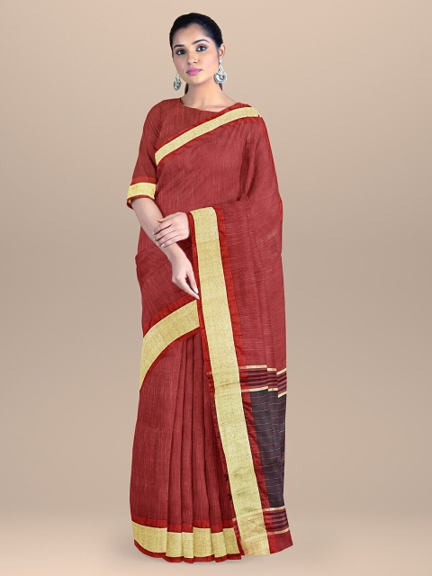 

BharatSthali Red & Gold-Coloured Zari Silk Cotton Mangalagiri Saree