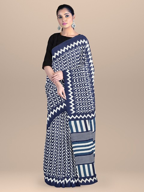 

BharatSthali Blue & White Pure Cotton Block Print Saree