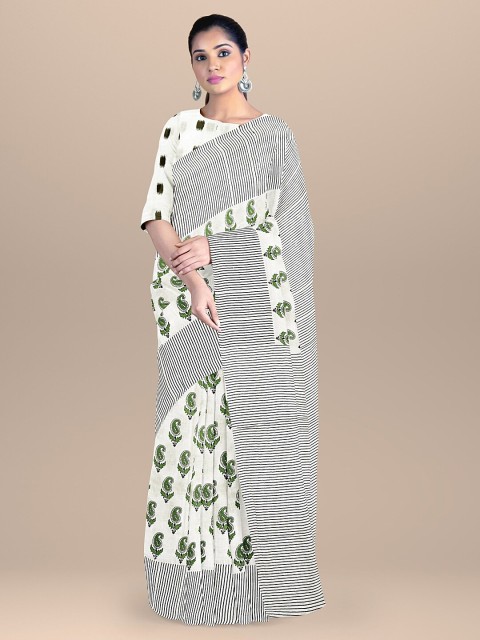 

BharatSthali White & Black Ethnic Motifs Pure Cotton Block Print Handloom Saree