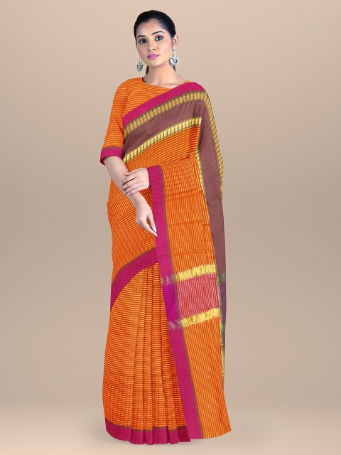 

BharatSthali Orange & Pink Striped Zari Silk Cotton Kota Saree