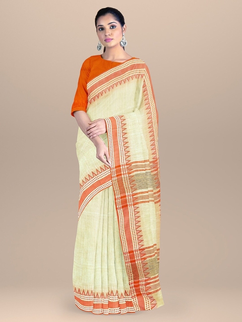 

BharatSthali Cream-Coloured Woven Design Pure Cotton Maheshwari Saree