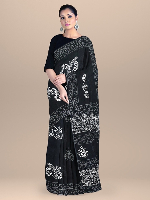 

BharatSthali Black & White Ethnic Motifs Pure Cotton Block Print Saree