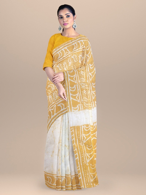 

BharatSthali Yellow & White Batik Pure Cotton Block Print Saree