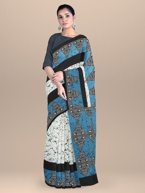 

BharatSthali White & Blue Batik Block Print Pure Cotton Saree