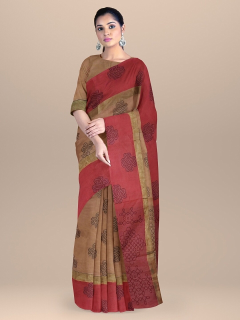 

BharatSthali Beige & Maroon Ethnic Motifs Pure Cotton Block Print Saree