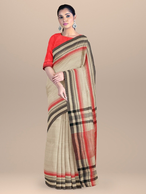 

BharatSthali Beige & Red Pure Cotton Maheshwari Saree